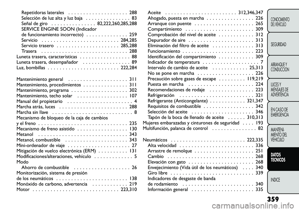 FIAT FREEMONT 2012  Manual de Empleo y Cuidado (in Spanish) Repetidoras laterales . . . . . . . . . . . . . . . . . . . . 288 
Selección de luz alta y luz baja . . . . . . . . . . . . . . . 83
Señal de giro . . . . . . . . . . . . . . . 82,222,260,285,288
SE