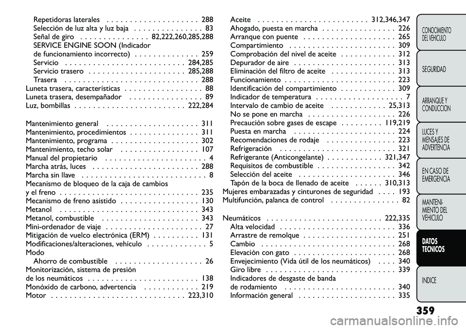 FIAT FREEMONT 2012 Manual de Empleo y Cuidado (in Spanish) Repetidoras laterales . . . . . . . . . . . . . . . . . . . . 288
Selección de luz alta y luz baja . . . . . . . . . . . . . . . 83
Señal de giro . . . . . . . . . . . . . . . 82,222,260,285,288
SE FIAT FREEMONT 2012 Manual de Empleo y Cuidado (in Spanish) Repetidoras laterales . . . . . . . . . . . . . . . . . . . . 288
Selección de luz alta y luz baja . . . . . . . . . . . . . . . 83
Señal de giro . . . . . . . . . . . . . . . 82,222,260,285,288
SE