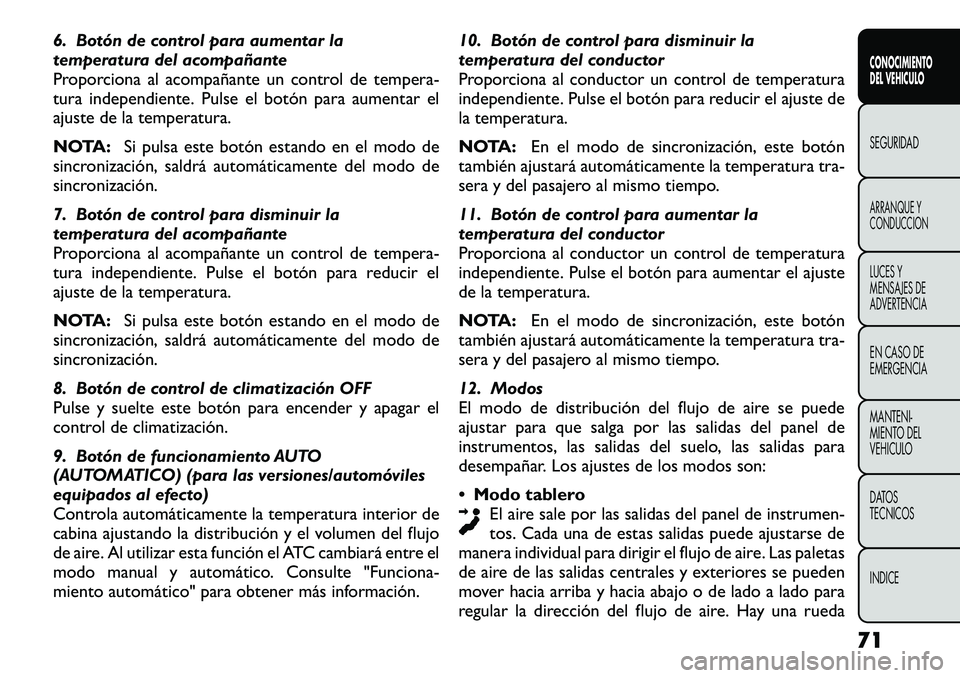FIAT FREEMONT 2012  Manual de Empleo y Cuidado (in Spanish) 6. Botón de control para aumentar la 
temperatura del acompañante
Proporciona al acompañante un control de tempera-
tura independiente. Pulse el botón para aumentar el
ajuste de la temperatura. 
N FIAT FREEMONT 2012  Manual de Empleo y Cuidado (in Spanish) 6. Botón de control para aumentar la 
temperatura del acompañante
Proporciona al acompañante un control de tempera-
tura independiente. Pulse el botón para aumentar el
ajuste de la temperatura. 
N