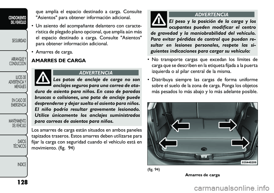 FIAT FREEMONT 2013 Manual de Empleo y Cuidado (in Spanish) que amplía el espacio destinado a carga. Consulte
"Asientos" para obtener información adicional.
Un asiento del acompañante delantero con caracte- rística de plegado plano opcional, que amplía FIAT FREEMONT 2013 Manual de Empleo y Cuidado (in Spanish) que amplía el espacio destinado a carga. Consulte
"Asientos" para obtener información adicional.
Un asiento del acompañante delantero con caracte- rística de plegado plano opcional, que amplía