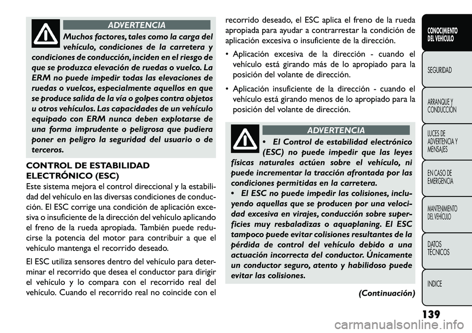 FIAT FREEMONT 2013 Manual de Empleo y Cuidado (in Spanish) ADVERTENCIA
Muchos factores, tales como la carga del
v
ehículo, condiciones de la carretera y
condiciones de conducción, inciden en el riesgo de
que se produzca elevación de ruedas o vuelco. La
ER FIAT FREEMONT 2013 Manual de Empleo y Cuidado (in Spanish) ADVERTENCIA
Muchos factores, tales como la carga del
v
ehículo, condiciones de la carretera y
condiciones de conducción, inciden en el riesgo de
que se produzca elevación de ruedas o vuelco. La
ER