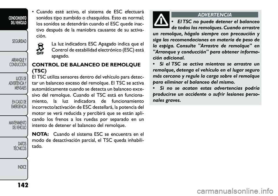 FIAT FREEMONT 2013 Manual de Empleo y Cuidado (in Spanish) Cuando esté activo, el sistema de ESC efectuarásonidos tipo zumbido o chasquidos. Esto es normal;
los sonidos se detendrán cuando el ESC quede inac-
tivo después de la maniobra causante de su ac FIAT FREEMONT 2013 Manual de Empleo y Cuidado (in Spanish) Cuando esté activo, el sistema de ESC efectuarásonidos tipo zumbido o chasquidos. Esto es normal;
los sonidos se detendrán cuando el ESC quede inac-
tivo después de la maniobra causante de su ac