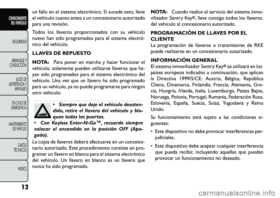 FIAT FREEMONT 2013  Manual de Empleo y Cuidado (in Spanish) un fallo en el sistema electrónico. Si sucede esto, lleve
el vehículo cuanto antes a un concesionario autorizado
para una revisión.
Todos los llaveros proporcionados con su vehículo
nuevo han sido