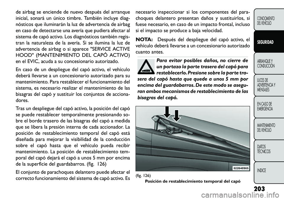 FIAT FREEMONT 2013 Manual de Empleo y Cuidado (in Spanish) de airbag se enciende de nuevo después del arranque
inicial, sonará un único timbre. También incluye diag-
nósticos que iluminarán la luz de advertencia de airbag
en caso de detectarse una aver FIAT FREEMONT 2013 Manual de Empleo y Cuidado (in Spanish) de airbag se enciende de nuevo después del arranque
inicial, sonará un único timbre. También incluye diag-
nósticos que iluminarán la luz de advertencia de airbag
en caso de detectarse una aver