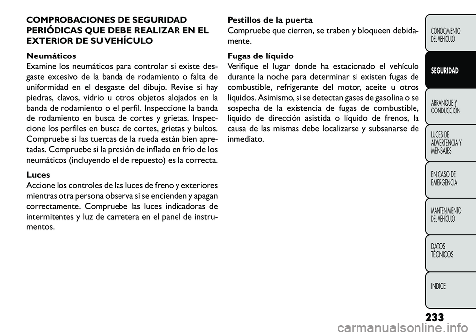FIAT FREEMONT 2013  Manual de Empleo y Cuidado (in Spanish) COMPROBACIONES DE SEGURIDAD
PERIÓDICAS QUE DEBE REALIZAR EN EL
EXTERIOR DE SU VEHÍCULO
Neumáticos
Examine los neumáticos para controlar si existe des-
gaste excesivo de la banda de rodamiento o fa