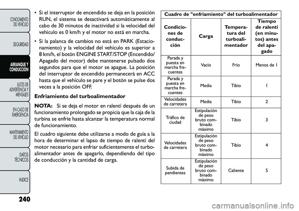 FIAT FREEMONT 2013  Manual de Empleo y Cuidado (in Spanish)  Si el interruptor de encendido se deja en la posiciónRUN, el sistema se desactivará automáticamente al
cabo de 30 minutos de inactividad si la velocidad del
vehículo es 0 km/h y el motor no est
