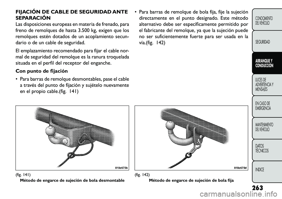 FIAT FREEMONT 2013 Manual de Empleo y Cuidado (in Spanish) FIJACIÓN DE CABLE DE SEGURIDAD ANTE
SEPARACIÓN
Las disposiciones europeas en materia de frenado, para
freno de remolques de hasta 3.500 kg, exigen que los
remolques estén dotados de un acoplamiento FIAT FREEMONT 2013 Manual de Empleo y Cuidado (in Spanish) FIJACIÓN DE CABLE DE SEGURIDAD ANTE
SEPARACIÓN
Las disposiciones europeas en materia de frenado, para
freno de remolques de hasta 3.500 kg, exigen que los
remolques estén dotados de un acoplamiento