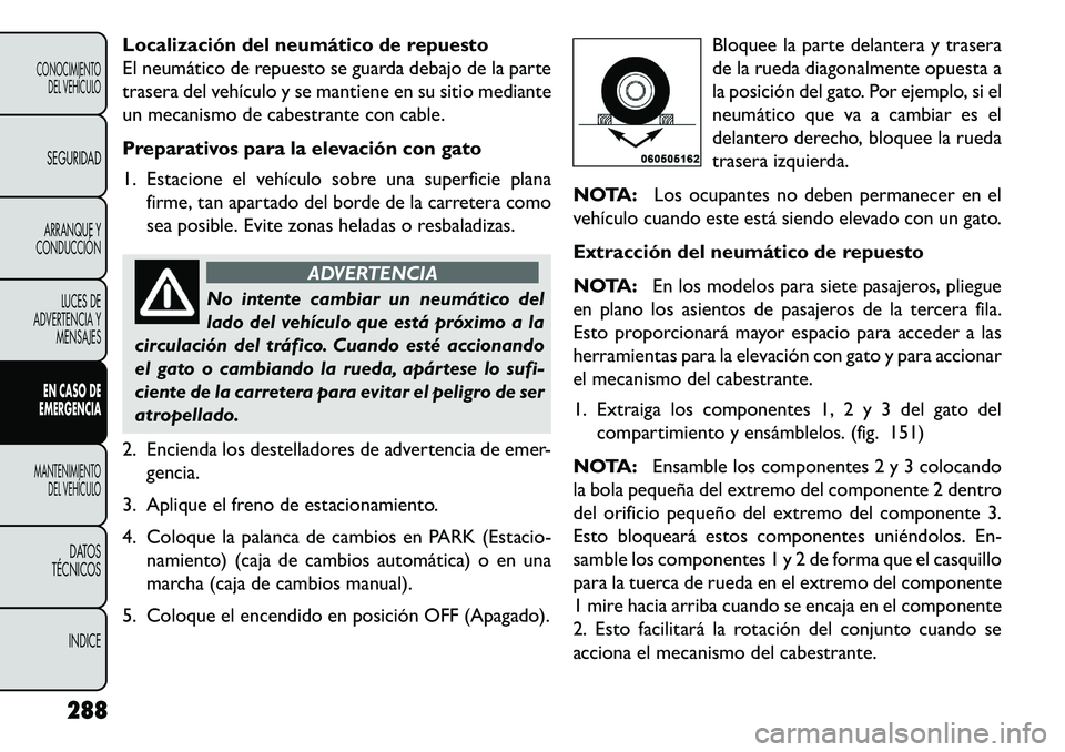 FIAT FREEMONT 2013 Manual de Empleo y Cuidado (in Spanish) Localización del neumático de repuesto
El neumático de repuesto se guarda debajo de la parte
trasera del vehículo y se mantiene en su sitio mediante
un mecanismo de cabestrante con cable.
Preparat FIAT FREEMONT 2013 Manual de Empleo y Cuidado (in Spanish) Localización del neumático de repuesto
El neumático de repuesto se guarda debajo de la parte
trasera del vehículo y se mantiene en su sitio mediante
un mecanismo de cabestrante con cable.
Preparat