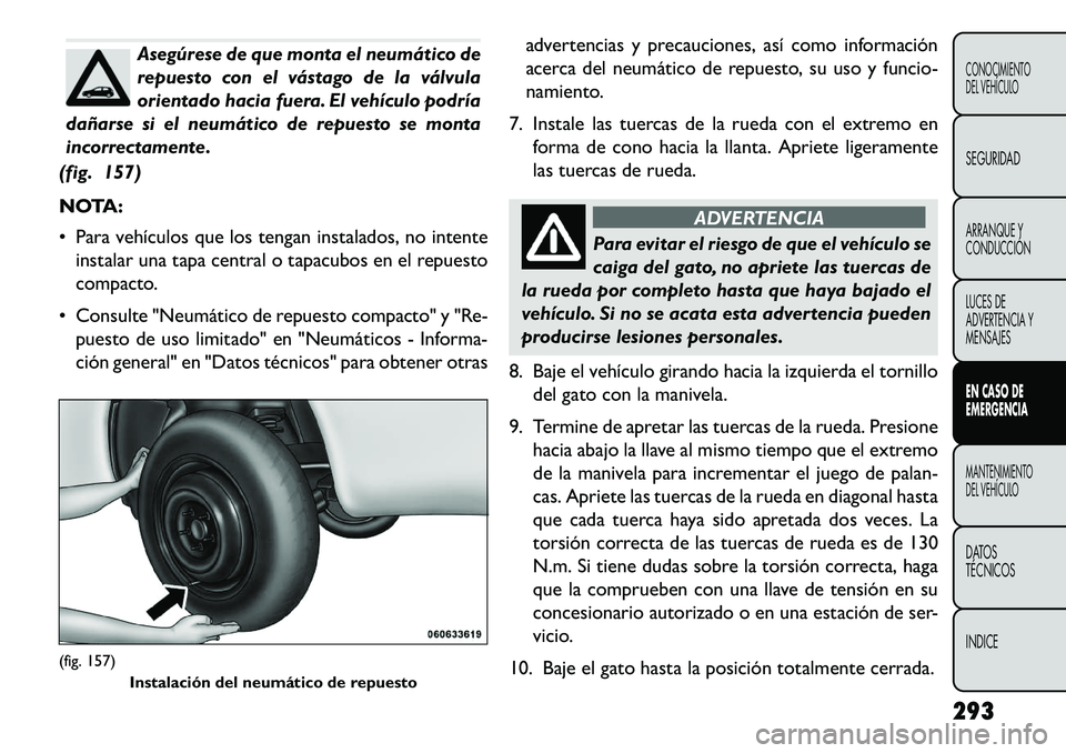 FIAT FREEMONT 2013 Manual de Empleo y Cuidado (in Spanish) Asegúrese de que monta el neumático de
repuesto con el vástago de la válvula
orientado hacia fuera. El vehículo podría
dañarse si el neumático de repuesto se monta
incorrectamente.
(fig. 157)
FIAT FREEMONT 2013 Manual de Empleo y Cuidado (in Spanish) Asegúrese de que monta el neumático de
repuesto con el vástago de la válvula
orientado hacia fuera. El vehículo podría
dañarse si el neumático de repuesto se monta
incorrectamente.
(fig. 157)