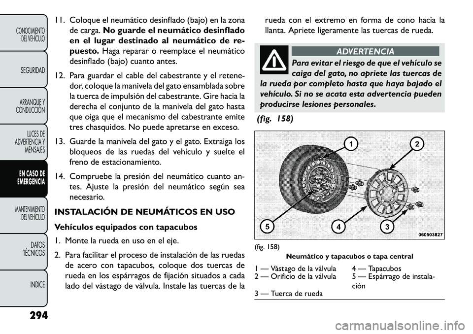 FIAT FREEMONT 2013 Manual de Empleo y Cuidado (in Spanish) 11. Coloque el neumático desinflado (bajo) en la zonade carga. No guarde el neumático desinflado
en el lugar destinado al neumático de re-
puesto. Haga reparar o reemplace el neumático
desinflado FIAT FREEMONT 2013 Manual de Empleo y Cuidado (in Spanish) 11. Coloque el neumático desinflado (bajo) en la zonade carga. No guarde el neumático desinflado
en el lugar destinado al neumático de re-
puesto. Haga reparar o reemplace el neumático
desinflado