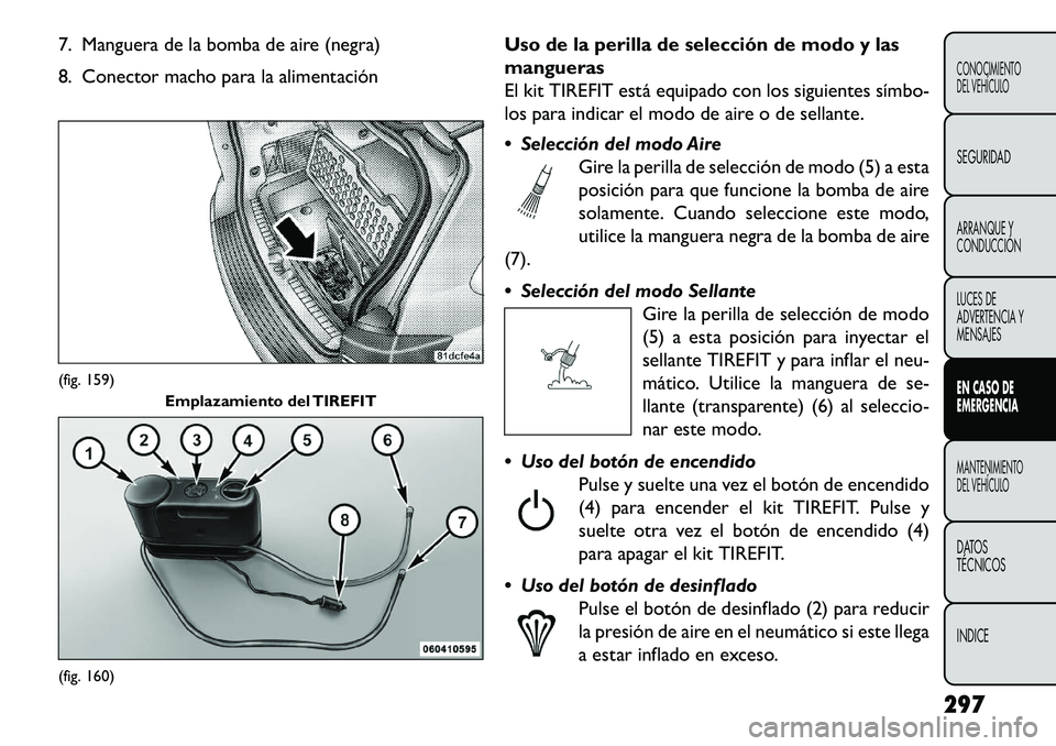 FIAT FREEMONT 2013 Manual de Empleo y Cuidado (in Spanish) 7. Manguera de la bomba de aire (negra)
8. Conector macho para la alimentaciónUso de la perilla de selección de modo y las
mangueras
El kit TIREFIT está equipado con los siguientes símbo
los par FIAT FREEMONT 2013 Manual de Empleo y Cuidado (in Spanish) 7. Manguera de la bomba de aire (negra)
8. Conector macho para la alimentaciónUso de la perilla de selección de modo y las
mangueras
El kit TIREFIT está equipado con los siguientes símbo
los par
