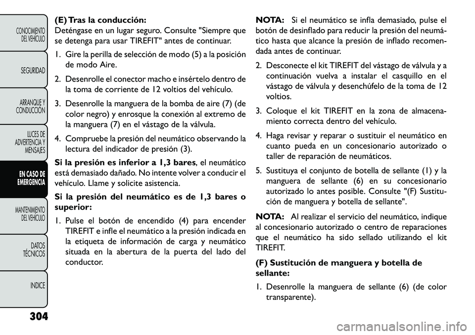 FIAT FREEMONT 2013 Manual de Empleo y Cuidado (in Spanish) (E) Tras la conducción:
Deténgase en un lugar seguro. Consulte "Siempre que
se detenga para usar TIREFIT" antes de continuar.
1. Gire la perilla de selección de modo (5) a la posiciónde modo Aire. FIAT FREEMONT 2013 Manual de Empleo y Cuidado (in Spanish) (E) Tras la conducción:
Deténgase en un lugar seguro. Consulte "Siempre que
se detenga para usar TIREFIT" antes de continuar.
1. Gire la perilla de selección de modo (5) a la posiciónde modo Aire.