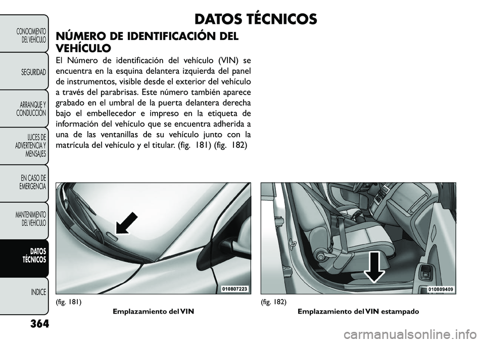 FIAT FREEMONT 2013 Manual de Empleo y Cuidado (in Spanish) DATOS TÉCNICOS
NÚMERO DE IDENTIFICACIÓN DEL
VEHÍCULO
El Número de identificación del vehículo (VIN) se
encuentra en la esquina delantera izquierda del panel
de instrumentos, visible desde el ex FIAT FREEMONT 2013 Manual de Empleo y Cuidado (in Spanish) DATOS TÉCNICOS
NÚMERO DE IDENTIFICACIÓN DEL
VEHÍCULO
El Número de identificación del vehículo (VIN) se
encuentra en la esquina delantera izquierda del panel
de instrumentos, visible desde el ex