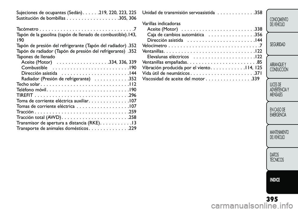 FIAT FREEMONT 2013  Manual de Empleo y Cuidado (in Spanish) Sujeciones de ocupantes (Sedán) . . . . . .219, 220, 223, 225
Sustitución de bombillas . . . . . . . . . . . . . . . . . .305, 306
Tacómetro . . . . . . . . . . . . . . . . . . . . . . . . . . . . 