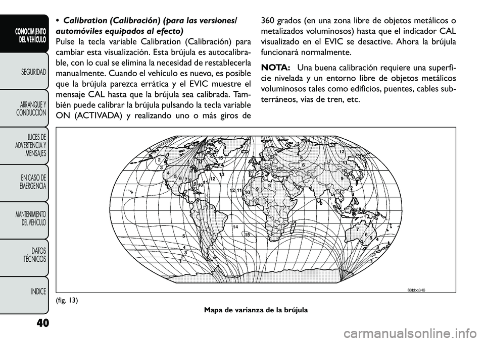 FIAT FREEMONT 2013  Manual de Empleo y Cuidado (in Spanish)  Calibration (Calibración) (para las versiones/
automóviles equipados al efecto)
Pulse la tecla variable Calibration (Calibración) para
cambiar esta visualización. Esta brújula es autocalibra-
b