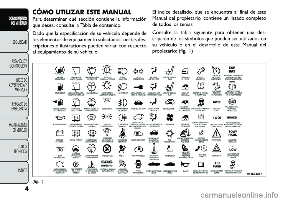 FIAT FREEMONT 2013  Manual de Empleo y Cuidado (in Spanish) CÓMO UTILIZAR ESTE MANUAL
Para determinar qué sección contiene la información
que desea, consulte la Tabla de contenido.
Dado que la especificación de su vehículo depende de
los elementos de equ