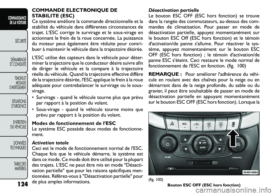 FIAT FREEMONT 2011  Notice dentretien (in French) COMMANDE ELECTRONIQUE DE 
STABILITE (ESC)
Ce système améliore la commande directionnelle et la
stabilité du véhicule dans différentes circonstances de
trajet. L'ESC corrige le survirage et le