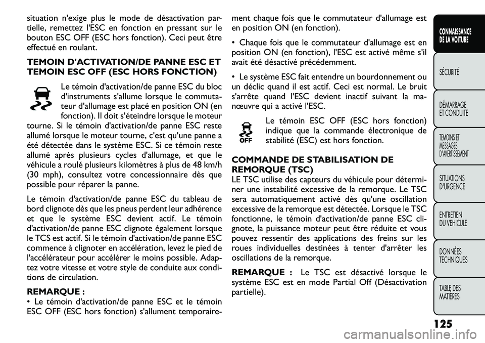 FIAT FREEMONT 2011  Notice dentretien (in French) situation n'exige plus le mode de désactivation par- 
tielle, remettez l'ESC en fonction en pressant sur le
bouton ESC OFF (ESC hors fonction). Ceci peut être
effectué en roulant. 
TEMOIN D