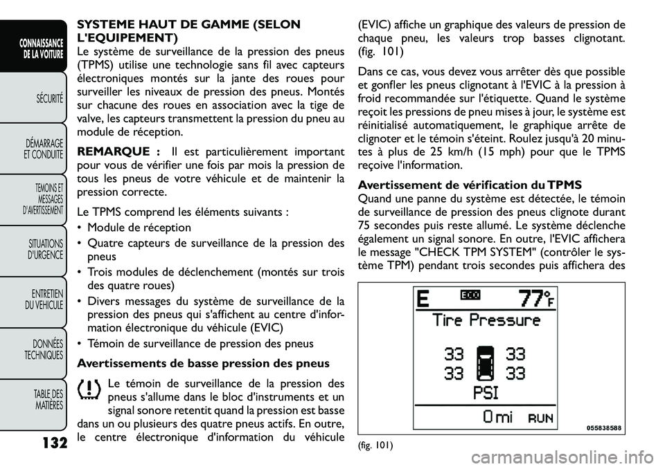 FIAT FREEMONT 2011  Notice dentretien (in French) SYSTEME HAUT DE GAMME (SELON LEQUIPEMENT)
Le système de surveillance de la pression des pneus
(TPMS) utilise une technologie sans fil avec capteurs
électroniques montés sur la jante des roues pour