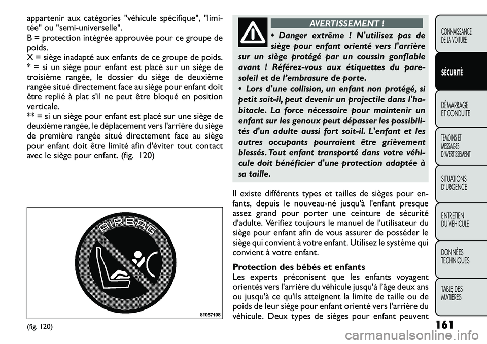 FIAT FREEMONT 2011  Notice dentretien (in French) appartenir aux catégories "véhicule spécifique", "limi- 
tée" ou "semi-universelle".
B = protection intégrée approuvée pour ce groupe depoids.
X = siège inadapté aux e
