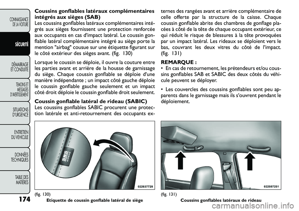FIAT FREEMONT 2011  Notice dentretien (in French) Coussins gonflables latéraux complémentaires 
intégrés aux sièges (SAB)
Les coussins gonflables latéraux complémentaires inté