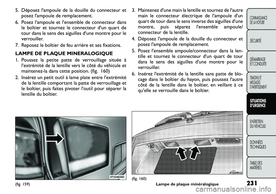 FIAT FREEMONT 2011  Notice dentretien (in French) 5. Déposez lampoule de la douille du connecteur etposez lampoule de remplacement.
6. Posez lampoule et lensemble de connecteur dans le boîtier et tournez le connecteur dun quart de 
tour dans l