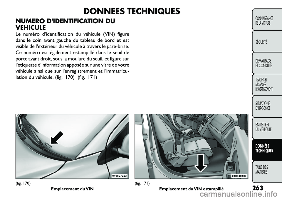 FIAT FREEMONT 2011 Notice dentretien (in French) DONNEES TECHNIQUES
NUMERO DIDENTIFICATION DU VEHICULE
Le numéro didentification du véhicule (VIN) figure
dans le coin avant gauche du tableau de bord et est
visible de lextérieur du véhicule FIAT FREEMONT 2011 Notice dentretien (in French) DONNEES TECHNIQUES
NUMERO DIDENTIFICATION DU VEHICULE
Le numéro didentification du véhicule (VIN) figure
dans le coin avant gauche du tableau de bord et est
visible de lextérieur du véhicule