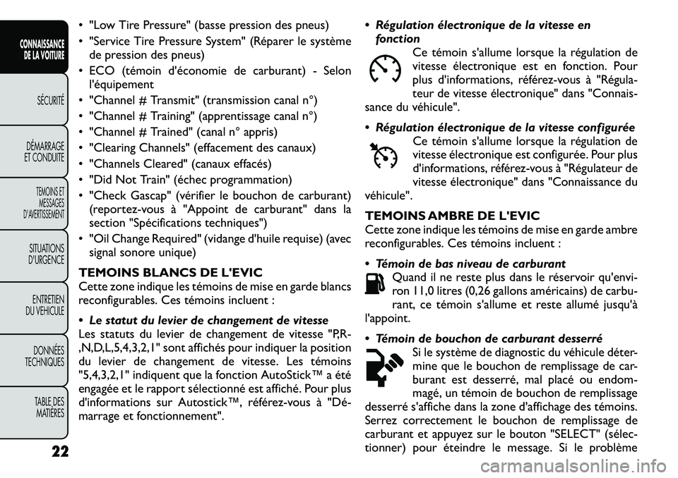 FIAT FREEMONT 2011 Notice dentretien (in French) • "Low Tire Pressure" (basse pression des pneus)
• "Service Tire Pressure System" (Réparer le systèmede pression des pneus)
• ECO (témoin d'économie de carburant) - Selo FIAT FREEMONT 2011 Notice dentretien (in French) • "Low Tire Pressure" (basse pression des pneus)
• "Service Tire Pressure System" (Réparer le systèmede pression des pneus)
• ECO (témoin d'économie de carburant) - Selo