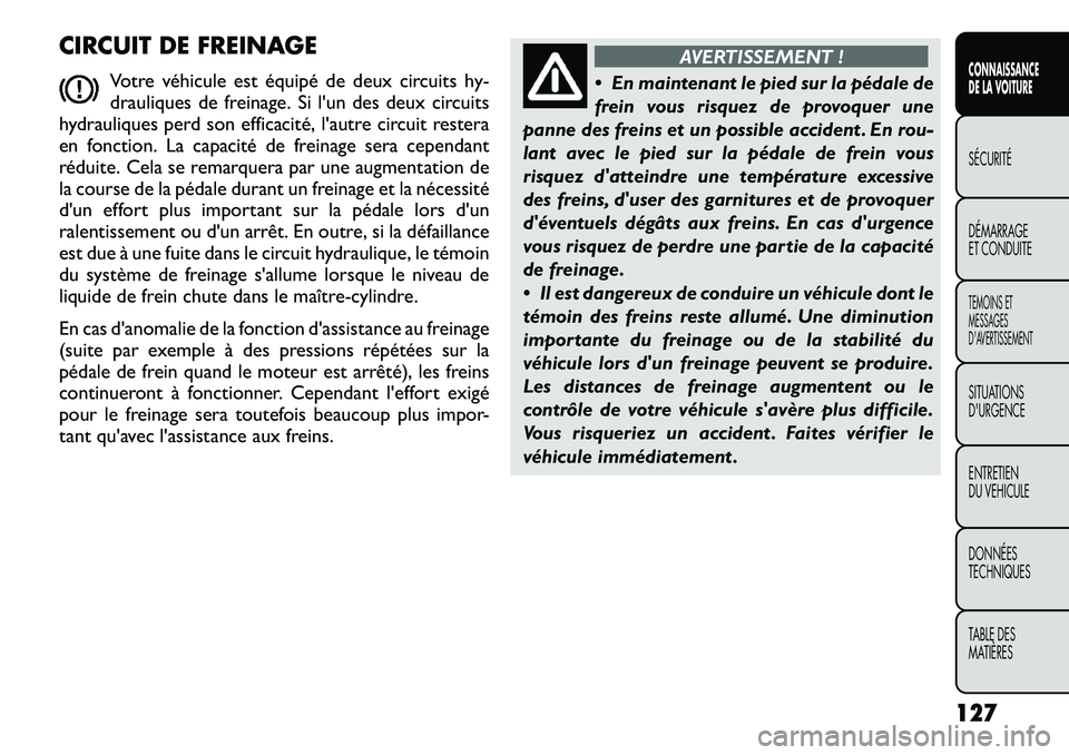 FIAT FREEMONT 2012 Notice dentretien (in French) CIRCUIT DE FREINAGEVotre véhicule est équipé de deux circuits hy-
drauliques de freinage. Si l'un des deux circuits
hydrauliques perd son efficacité, l'autre circuit restera
en fonction. FIAT FREEMONT 2012 Notice dentretien (in French) CIRCUIT DE FREINAGEVotre véhicule est équipé de deux circuits hy-
drauliques de freinage. Si l'un des deux circuits
hydrauliques perd son efficacité, l'autre circuit restera
en fonction.