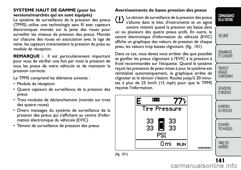 FIAT FREEMONT 2012 Notice dentretien (in French) SYSTEME HAUT DE GAMME (pour les
versions/marchés qui en sont équipés)
Le système de surveillance de la pression des pneus
(TPMS) utilise une technologie sans fil avec capteurs
électroniques mont FIAT FREEMONT 2012 Notice dentretien (in French) SYSTEME HAUT DE GAMME (pour les
versions/marchés qui en sont équipés)
Le système de surveillance de la pression des pneus
(TPMS) utilise une technologie sans fil avec capteurs
électroniques mont