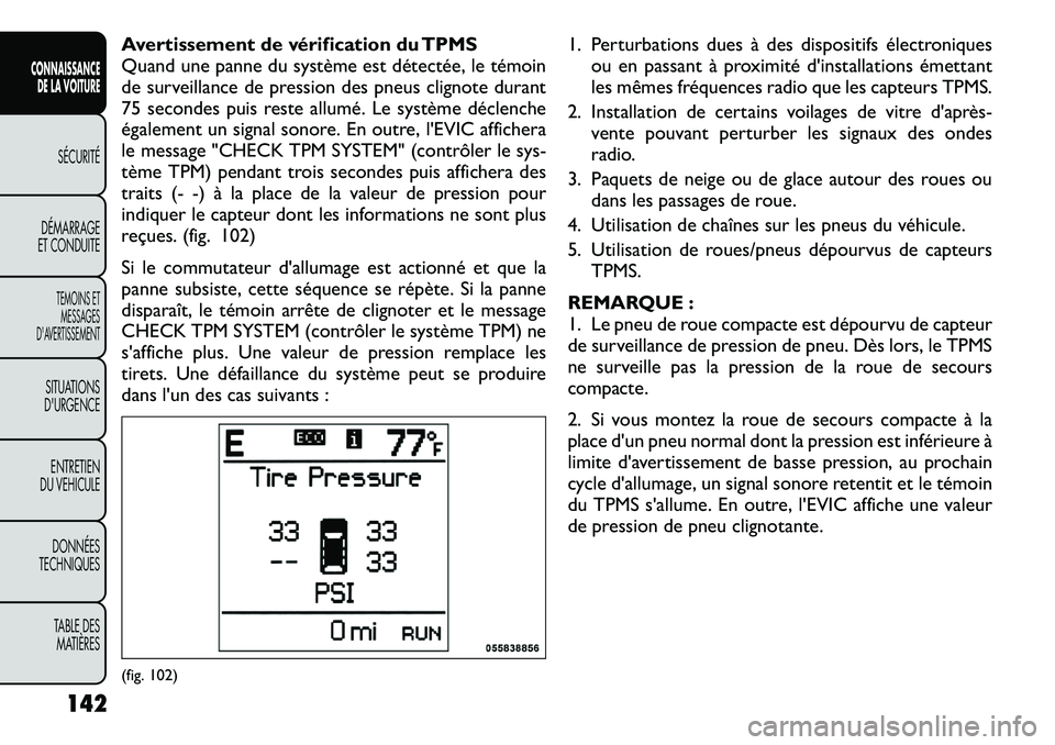 FIAT FREEMONT 2012 Notice dentretien (in French) Avertissement de vérification du TPMS
Quand une panne du système est détectée, le témoin
de surveillance de pression des pneus clignote durant
75 secondes puis reste allumé. Le système déclen FIAT FREEMONT 2012 Notice dentretien (in French) Avertissement de vérification du TPMS
Quand une panne du système est détectée, le témoin
de surveillance de pression des pneus clignote durant
75 secondes puis reste allumé. Le système déclen