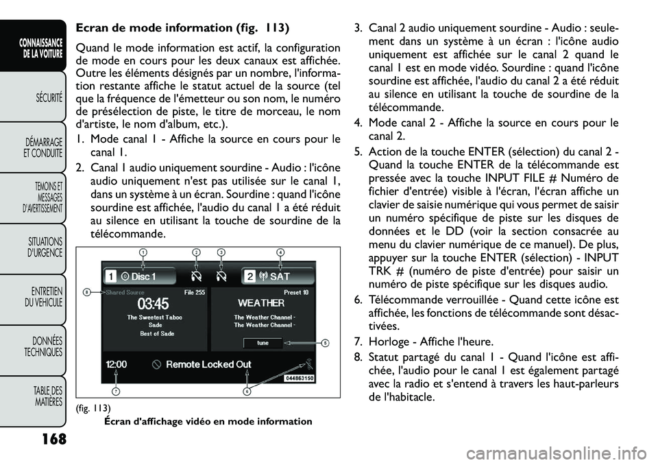 FIAT FREEMONT 2012 Notice dentretien (in French) Ecran de mode information (fig. 113)
Quand le mode information est actif, la configuration
de mode en cours pour les deux canaux est affichée.
Outre les éléments désignés par un nombre, l'i FIAT FREEMONT 2012 Notice dentretien (in French) Ecran de mode information (fig. 113)
Quand le mode information est actif, la configuration
de mode en cours pour les deux canaux est affichée.
Outre les éléments désignés par un nombre, l'i