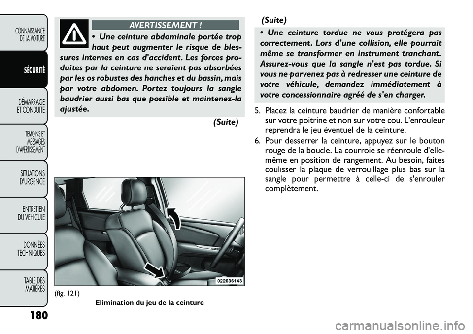 FIAT FREEMONT 2012 Notice dentretien (in French) AVERTISSEMENT !
Une ceinture abdominale portée trop
haut peut augmenter le risque de bles-
sures internes en cas daccident . Les forces pro-
duites par la ceinture ne seraient pas absorbées
par FIAT FREEMONT 2012 Notice dentretien (in French) AVERTISSEMENT !
Une ceinture abdominale portée trop
haut peut augmenter le risque de bles-
sures internes en cas daccident . Les forces pro-
duites par la ceinture ne seraient pas absorbées
par