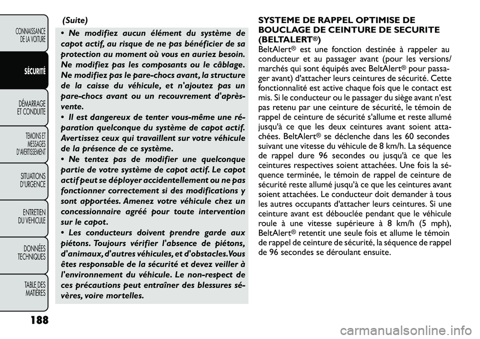 FIAT FREEMONT 2012  Notice dentretien (in French) (Suite)
 Ne modifiez aucun élément du système de 
capot actif, au risque de ne pas bénéficier de sa
protection au moment où vous en auriez besoin.
Ne modifiez pas les composants ou le câblage.