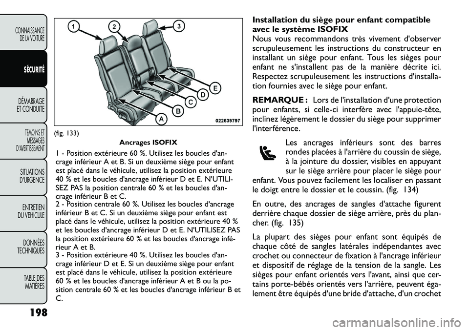 FIAT FREEMONT 2012 Notice dentretien (in French) Installation du siège pour enfant compatible
avec le système ISOFIX
Nous vous recommandons très vivement d'observer
scrupuleusement les instructions du constructeur en
installant un siège pou FIAT FREEMONT 2012 Notice dentretien (in French) Installation du siège pour enfant compatible
avec le système ISOFIX
Nous vous recommandons très vivement d'observer
scrupuleusement les instructions du constructeur en
installant un siège pou