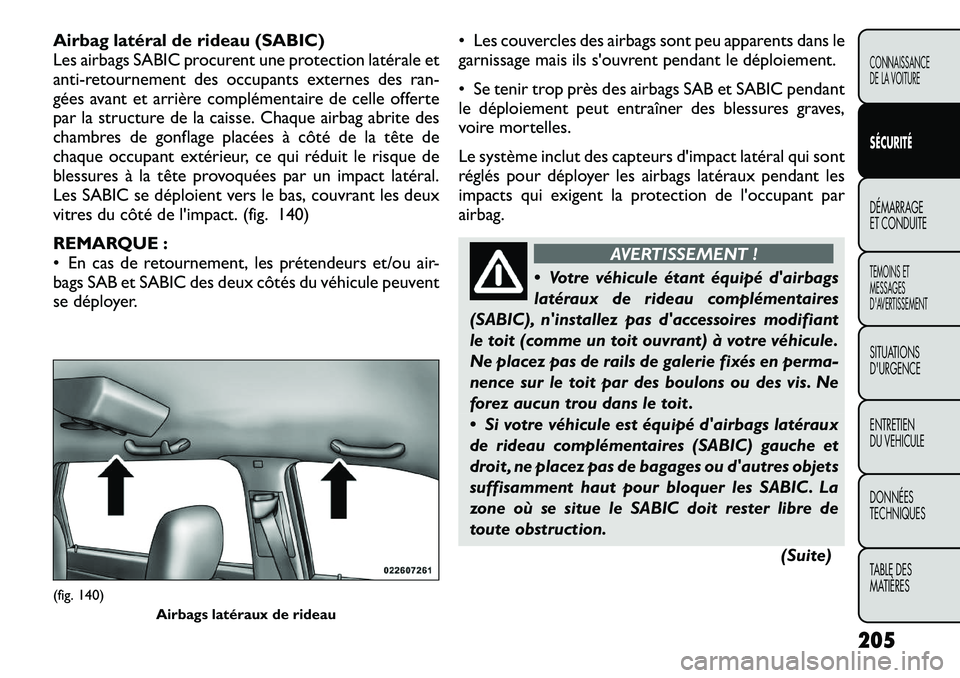 FIAT FREEMONT 2012 Notice dentretien (in French) Airbag latéral de rideau (SABIC)
Les airbags SABIC procurent une protection latérale et
anti-retournement des occupants externes des ran-
gées avant et arrière complémentaire de celle offerte
pa FIAT FREEMONT 2012 Notice dentretien (in French) Airbag latéral de rideau (SABIC)
Les airbags SABIC procurent une protection latérale et
anti-retournement des occupants externes des ran-
gées avant et arrière complémentaire de celle offerte
pa