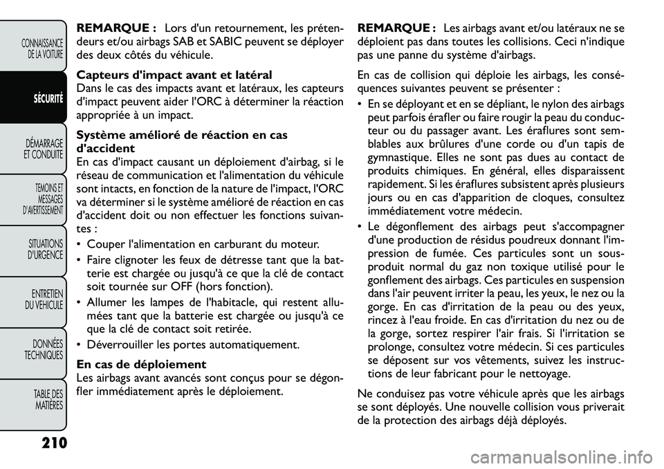 FIAT FREEMONT 2012 Notice dentretien (in French) REMARQUE :Lors d'un retournement, les préten-
deurs et/ou airbags SAB et SABIC peuvent se déployer
des deux côtés du véhicule.
Capteurs dimpact avant et latéral
Dans le cas des impacts a FIAT FREEMONT 2012 Notice dentretien (in French) REMARQUE :Lors d'un retournement, les préten-
deurs et/ou airbags SAB et SABIC peuvent se déployer
des deux côtés du véhicule.
Capteurs dimpact avant et latéral
Dans le cas des impacts a