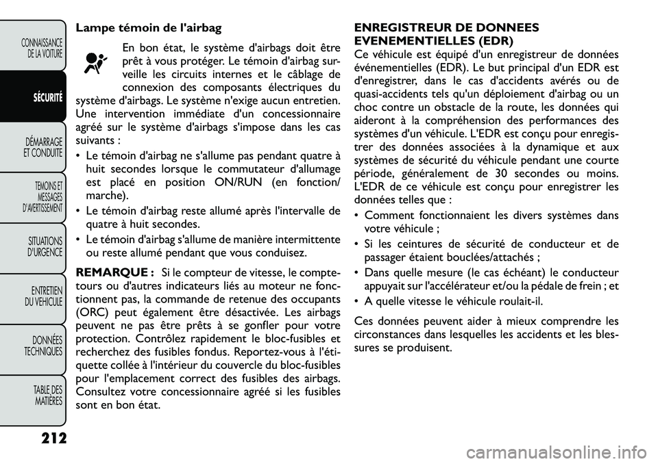 FIAT FREEMONT 2012 Notice dentretien (in French) Lampe témoin de lairbagEn bon état, le système d'airbags doit être
prêt à vous protéger. Le témoin d'airbag sur-
veille les circuits internes et le câblage de
connexion des composan FIAT FREEMONT 2012 Notice dentretien (in French) Lampe témoin de lairbagEn bon état, le système d'airbags doit être
prêt à vous protéger. Le témoin d'airbag sur-
veille les circuits internes et le câblage de
connexion des composan