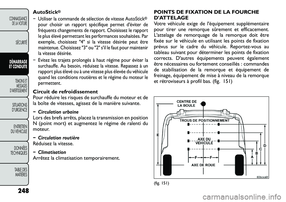 FIAT FREEMONT 2012  Notice dentretien (in French) AutoStick
®
� Utiliser la commande de sélection de vitesse AutoStick
®
pour choisir un rapport spécifique permet déviter de 
fréquents changements de rapport. Choisissez le rapport
le plus éle