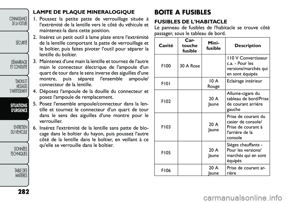 FIAT FREEMONT 2012 Notice dentretien (in French) LAMPE DE PLAQUE MINERALOGIQUE
1. Poussez la petite patte de verrouillage située àl'extrémité de la lentille vers le côté du véhicule et
maintenez-la dans cette position.
2. Insérez un pe FIAT FREEMONT 2012 Notice dentretien (in French) LAMPE DE PLAQUE MINERALOGIQUE
1. Poussez la petite patte de verrouillage située àl'extrémité de la lentille vers le côté du véhicule et
maintenez-la dans cette position.
2. Insérez un pe
