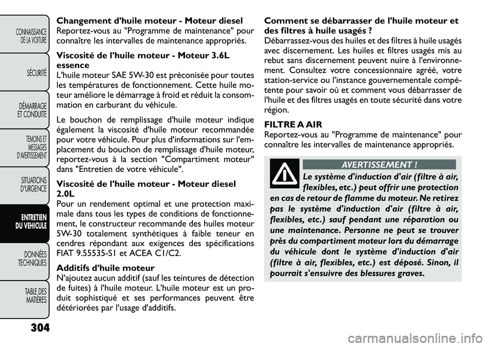 FIAT FREEMONT 2012 Notice dentretien (in French) Changement dhuile moteur - Moteur diesel
Reportez-vous au "Programme de maintenance" pour
connaître les intervalles de maintenance appropriés.
Viscosité de lhuile moteur - Moteur 3.6L e FIAT FREEMONT 2012 Notice dentretien (in French) Changement dhuile moteur - Moteur diesel
Reportez-vous au "Programme de maintenance" pour
connaître les intervalles de maintenance appropriés.
Viscosité de lhuile moteur - Moteur 3.6L e