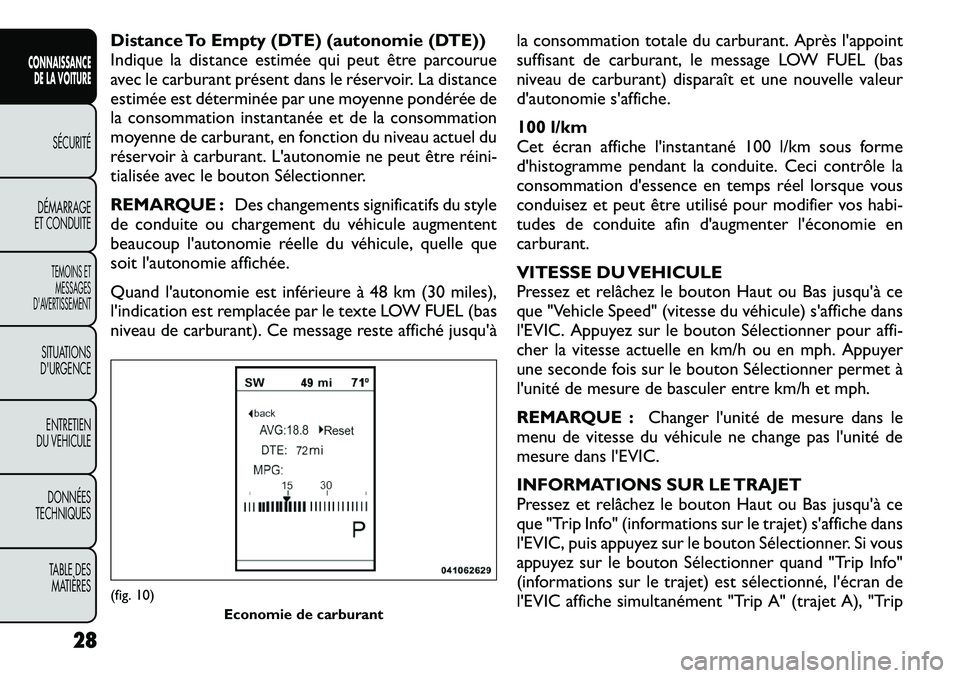 FIAT FREEMONT 2012 Notice dentretien (in French) Distance To Empty (DTE) (autonomie (DTE))
Indique la distance estimée qui peut être parcourue
avec le carburant présent dans le réservoir. La distance
estimée est déterminée par une moyenne po FIAT FREEMONT 2012 Notice dentretien (in French) Distance To Empty (DTE) (autonomie (DTE))
Indique la distance estimée qui peut être parcourue
avec le carburant présent dans le réservoir. La distance
estimée est déterminée par une moyenne po