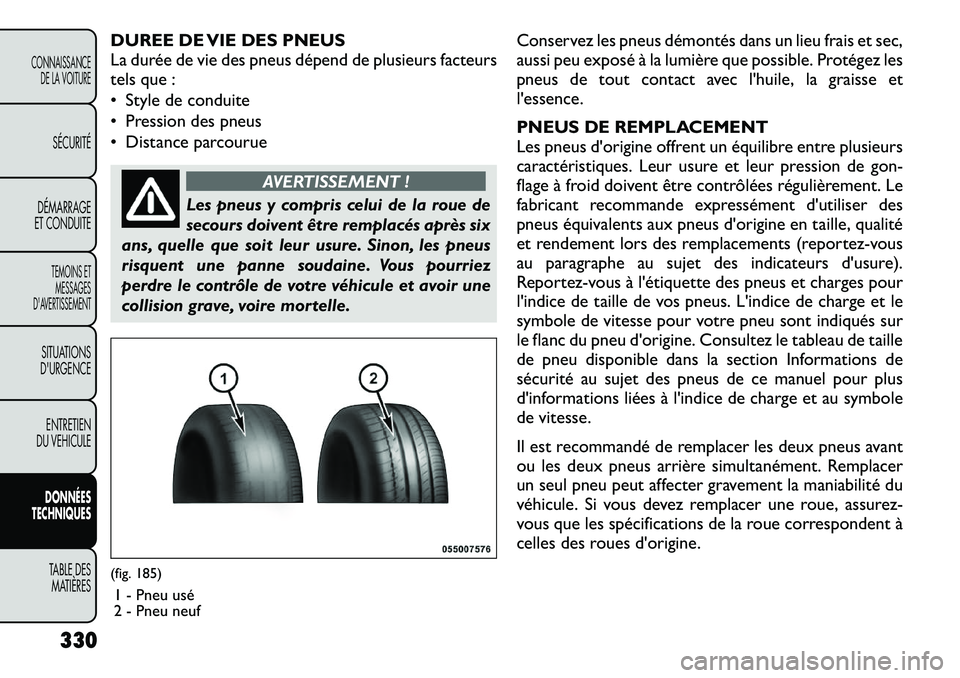 FIAT FREEMONT 2012 Notice dentretien (in French) DUREE DE VIE DES PNEUS
La durée de vie des pneus dépend de plusieurs facteurs
tels que :
• Style de conduite
• Pression des pneus
• Distance parcourue
AVERTISSEMENT !
Les pneus y compris cel FIAT FREEMONT 2012 Notice dentretien (in French) DUREE DE VIE DES PNEUS
La durée de vie des pneus dépend de plusieurs facteurs
tels que :
• Style de conduite
• Pression des pneus
• Distance parcourue
AVERTISSEMENT !
Les pneus y compris cel