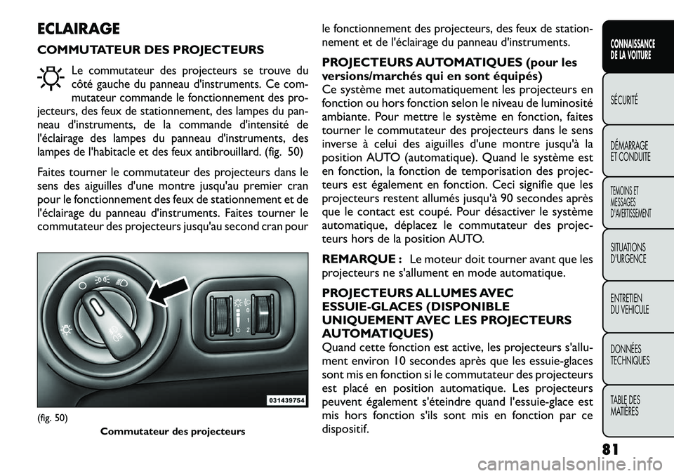 FIAT FREEMONT 2012  Notice dentretien (in French) ECLAIRAGE 
COMMUTATEUR DES PROJECTEURS
Le commutateur des projecteurs se trouve du 
côté gauche du panneau d'instruments. Ce com-
mutateur commande le fonctionnement des pro-
jecteurs, des feux 