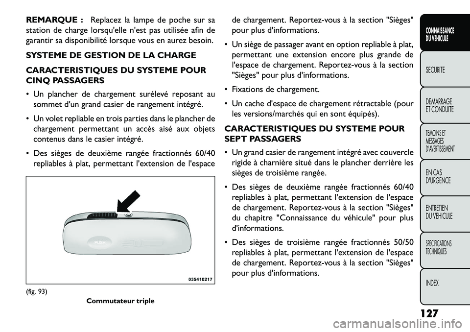 FIAT FREEMONT 2013 Notice dentretien (in French) REMARQUE :Replacez la lampe de poche sur sa
station de charge lorsquelle nest pas utilisée afin de
garantir sa disponibilité lorsque vous en aurez besoin.
SYSTEME DE GESTION DE LA CHARGE
CARACTERI FIAT FREEMONT 2013 Notice dentretien (in French) REMARQUE :Replacez la lampe de poche sur sa
station de charge lorsquelle nest pas utilisée afin de
garantir sa disponibilité lorsque vous en aurez besoin.
SYSTEME DE GESTION DE LA CHARGE
CARACTERI