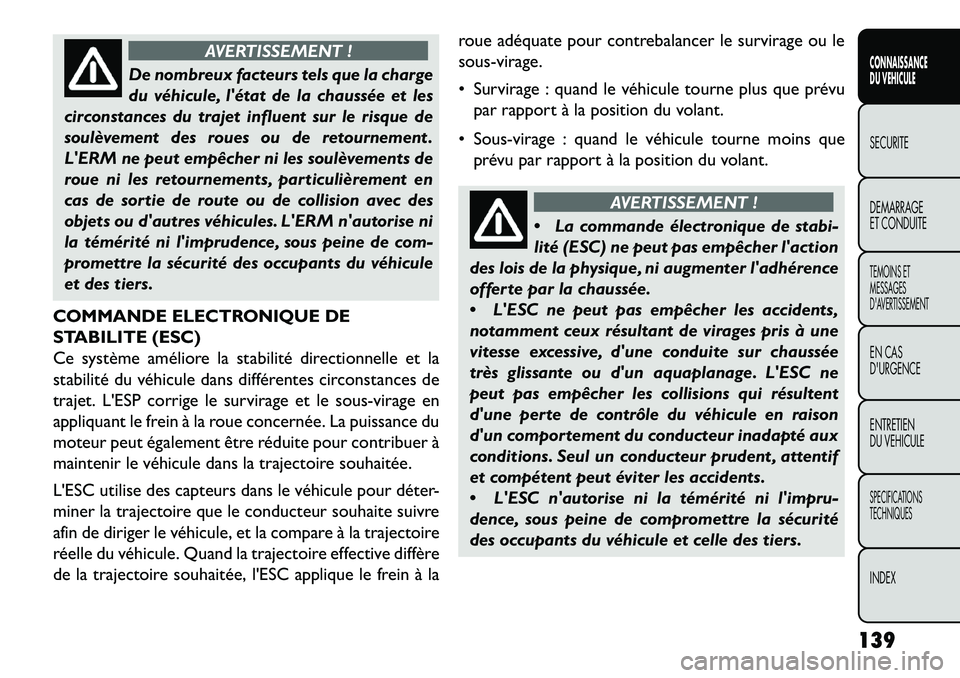 FIAT FREEMONT 2013 Notice dentretien (in French) AVERTISSEMENT !
De nombreux facteurs tels que la charge
du
véhicule, létat de la chaussée et les
circonstances du trajet influent sur le risque de
soulèvement des roues ou de retournement .
LER FIAT FREEMONT 2013 Notice dentretien (in French) AVERTISSEMENT !
De nombreux facteurs tels que la charge
du
véhicule, létat de la chaussée et les
circonstances du trajet influent sur le risque de
soulèvement des roues ou de retournement .
LER