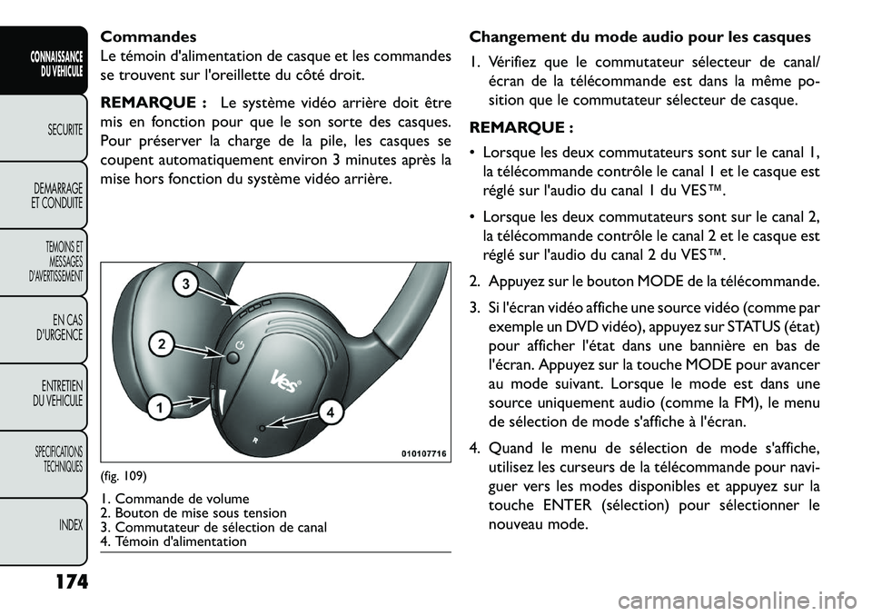 FIAT FREEMONT 2013 Notice dentretien (in French) Commandes
Le témoin dalimentation de casque et les commandes
se trouvent sur loreillette du côté droit.
REMARQUE :Le système vidéo arrière doit être
mis en fonction pour que le son sorte des FIAT FREEMONT 2013 Notice dentretien (in French) Commandes
Le témoin dalimentation de casque et les commandes
se trouvent sur loreillette du côté droit.
REMARQUE :Le système vidéo arrière doit être
mis en fonction pour que le son sorte des