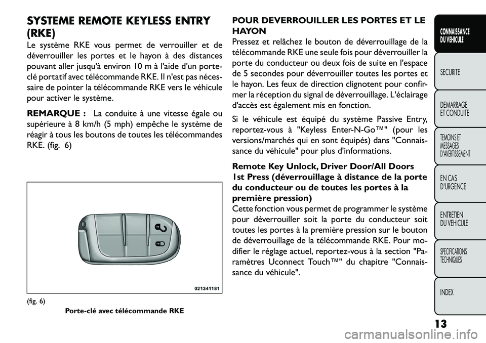 FIAT FREEMONT 2013  Notice dentretien (in French) SYSTEME REMOTE KEYLESS ENTRY
(RKE)
Le système RKE vous permet de verrouiller et de
déverrouiller les portes et le hayon à des distances
pouvant aller jusquà environ 10 m à laide dun porte-
cl