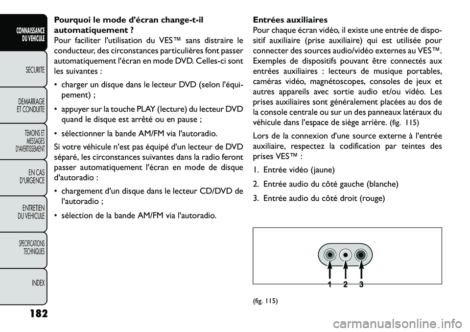 FIAT FREEMONT 2013 Notice dentretien (in French) Pourquoi le mode décran change-t-il
automatiquement ?
Pour faciliter lutilisation du VES™ sans distraire le
conducteur, des circonstances particulières font passer
automatiquement lécran en mo FIAT FREEMONT 2013 Notice dentretien (in French) Pourquoi le mode décran change-t-il
automatiquement ?
Pour faciliter lutilisation du VES™ sans distraire le
conducteur, des circonstances particulières font passer
automatiquement lécran en mo