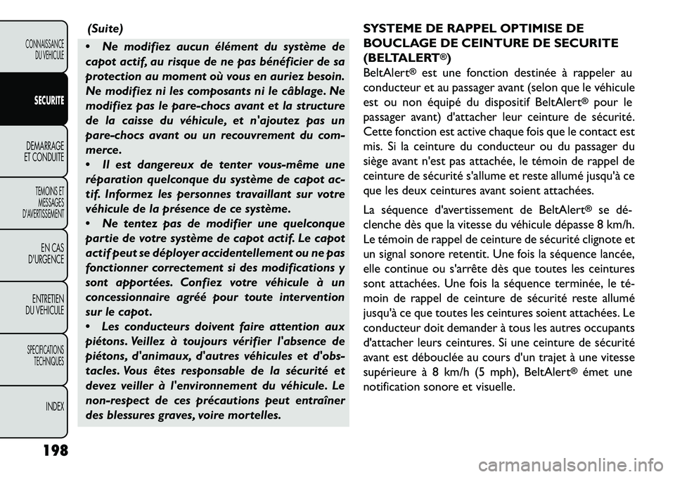 FIAT FREEMONT 2013 Notice dentretien (in French) (Suite)
Ne modifiez aucun élément du système de
capot actif, au risque de ne pas bénéficier de sa
protection au moment où vous en auriez besoin.
Ne modifiez ni les composants ni le câblage. N FIAT FREEMONT 2013 Notice dentretien (in French) (Suite)
Ne modifiez aucun élément du système de
capot actif, au risque de ne pas bénéficier de sa
protection au moment où vous en auriez besoin.
Ne modifiez ni les composants ni le câblage. N